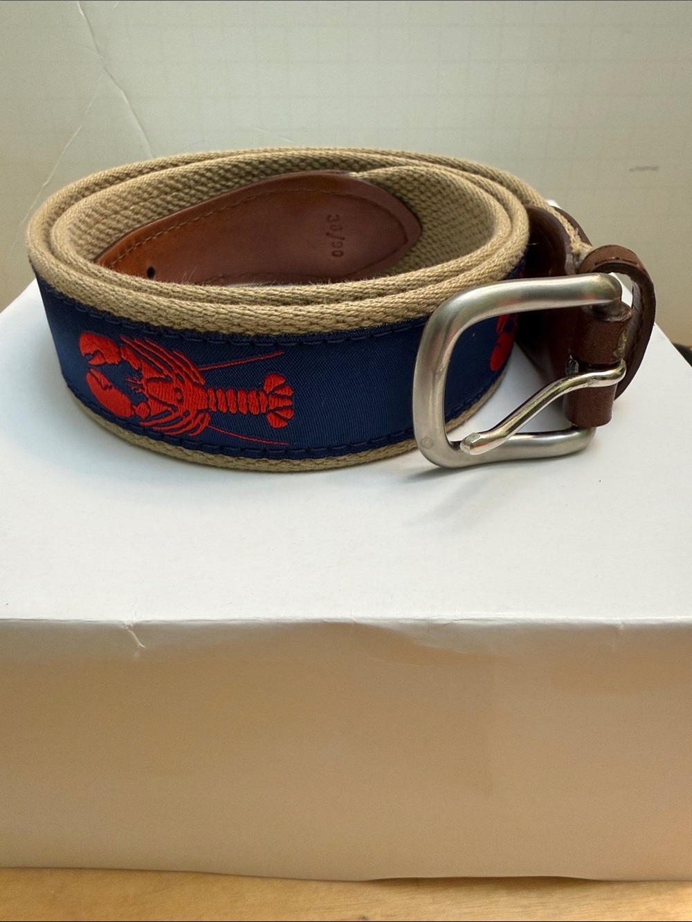 The Belted Cow Co Mens Belt Size 36/90 Lobster Print Brass Buckle Brown Blue